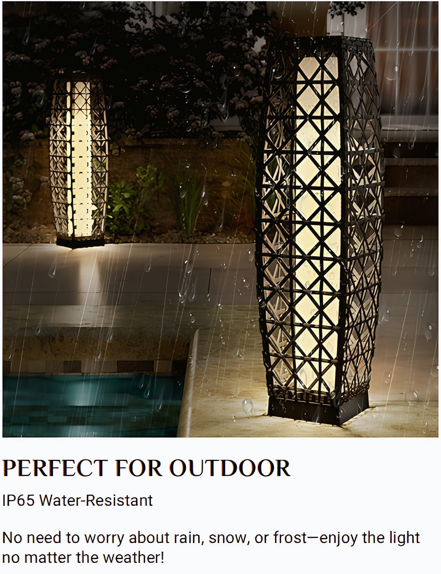 OmniRide Solar Powered Outdoor Floor Lamp - Automatic Woven Resin Wicker Garden Lantern, Waterproof Patio Lighting for Porch, Deck and Backyard Landscape Lighting (Large)