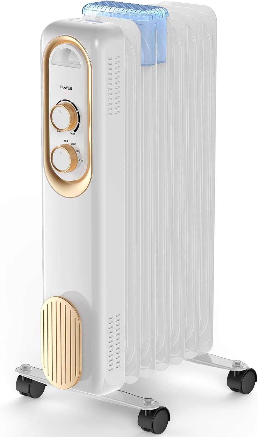 OmniRide Oil Filled Radiator, Electric Radiant Heaters for indoor use, Safe Lock, , Overheat & Tip-Over Protection, Adjustable Thermostat, Quiet, 1500W, 26" White