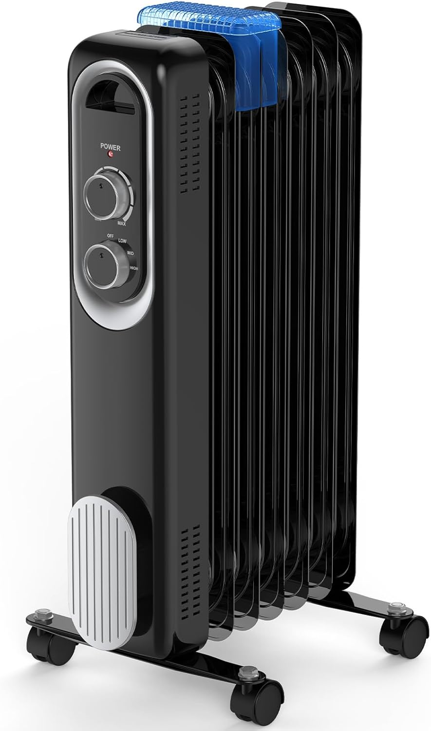 OmniRide Oil Filled Radiator, Electric Radiant Heaters for indoor use, Safe Lock, , Overheat & Tip-Over Protection, Adjustable Thermostat, Quiet, 1500W, 26" Black