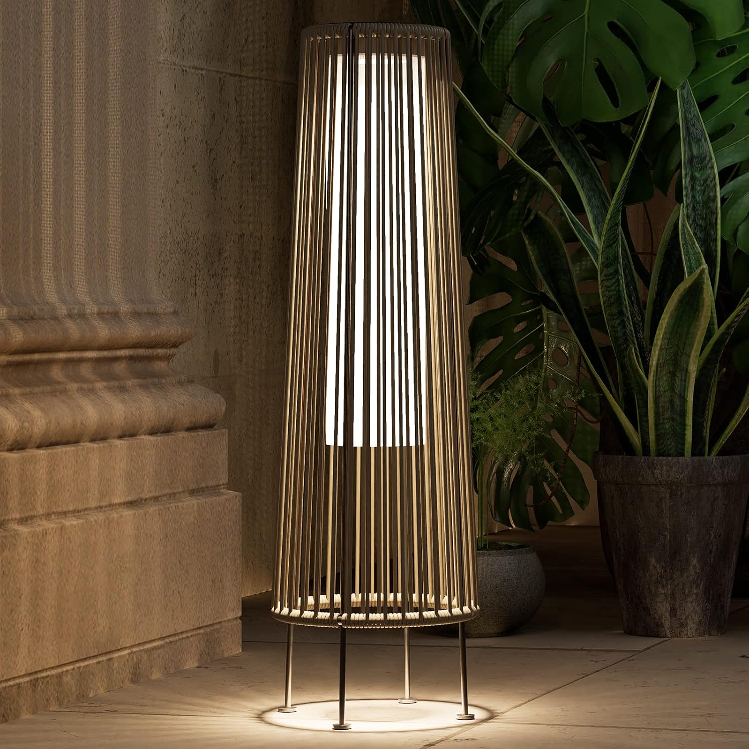 OmniRideOutdoor Floor Lamp 2-Pack, All-Weather Wicker Outdoor Solar Floor Lights, Waterproof, Gray