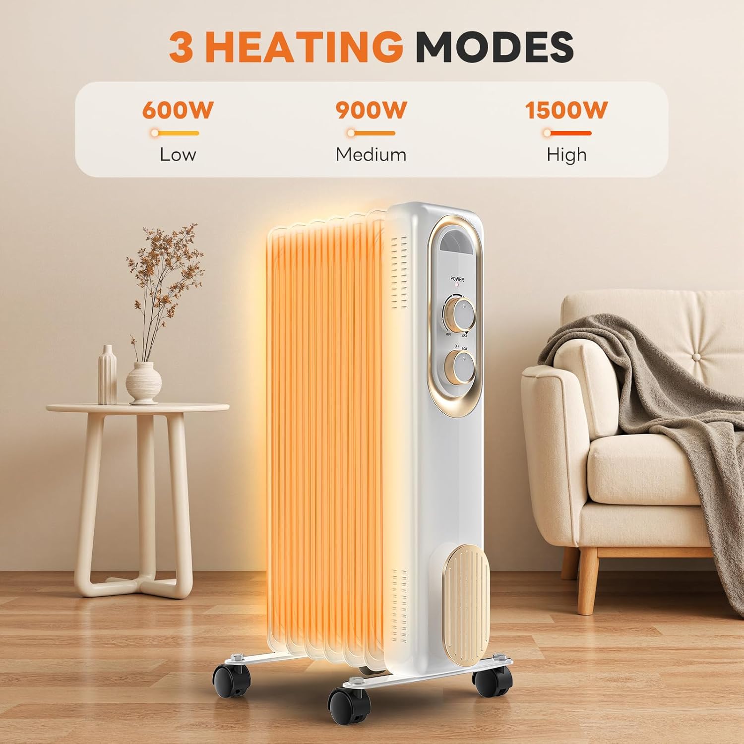 OmniRide Oil Filled Radiator, Electric Radiant Heaters for indoor use, Safe Lock, , Overheat & Tip-Over Protection, Adjustable Thermostat, Quiet, 1500W, 26" White