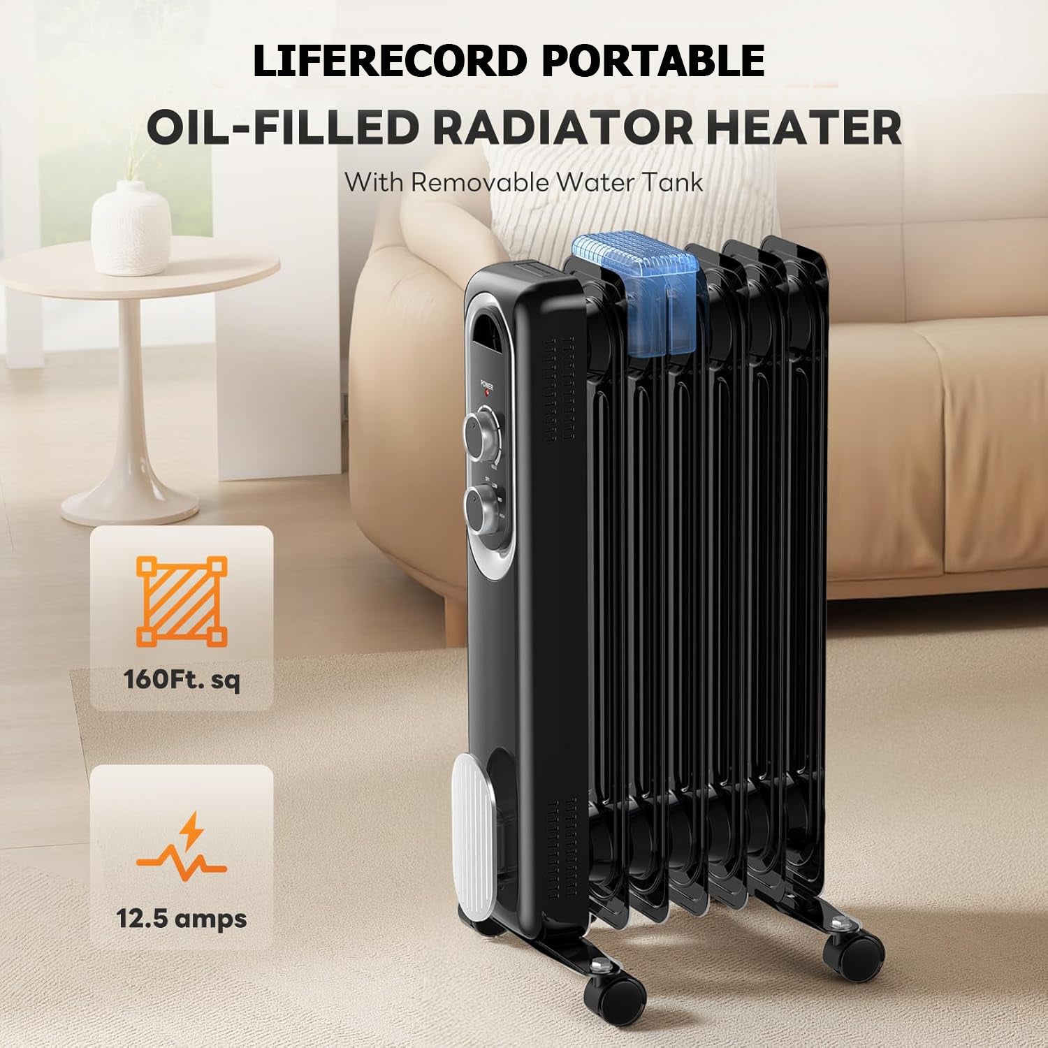 OmniRide Oil Filled Radiator, Electric Radiant Heaters for indoor use, Safe Lock, , Overheat & Tip-Over Protection, Adjustable Thermostat, Quiet, 1500W, 26" Black