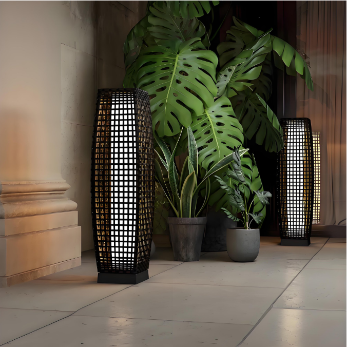 OmniRide Solar Powered Outdoor Floor Lamp - Waterproof Wicker Deck Lighting for Patio Garden Porch, Automatic Weather Resistant Solar Lantern, Easy Use No Wiring Needed