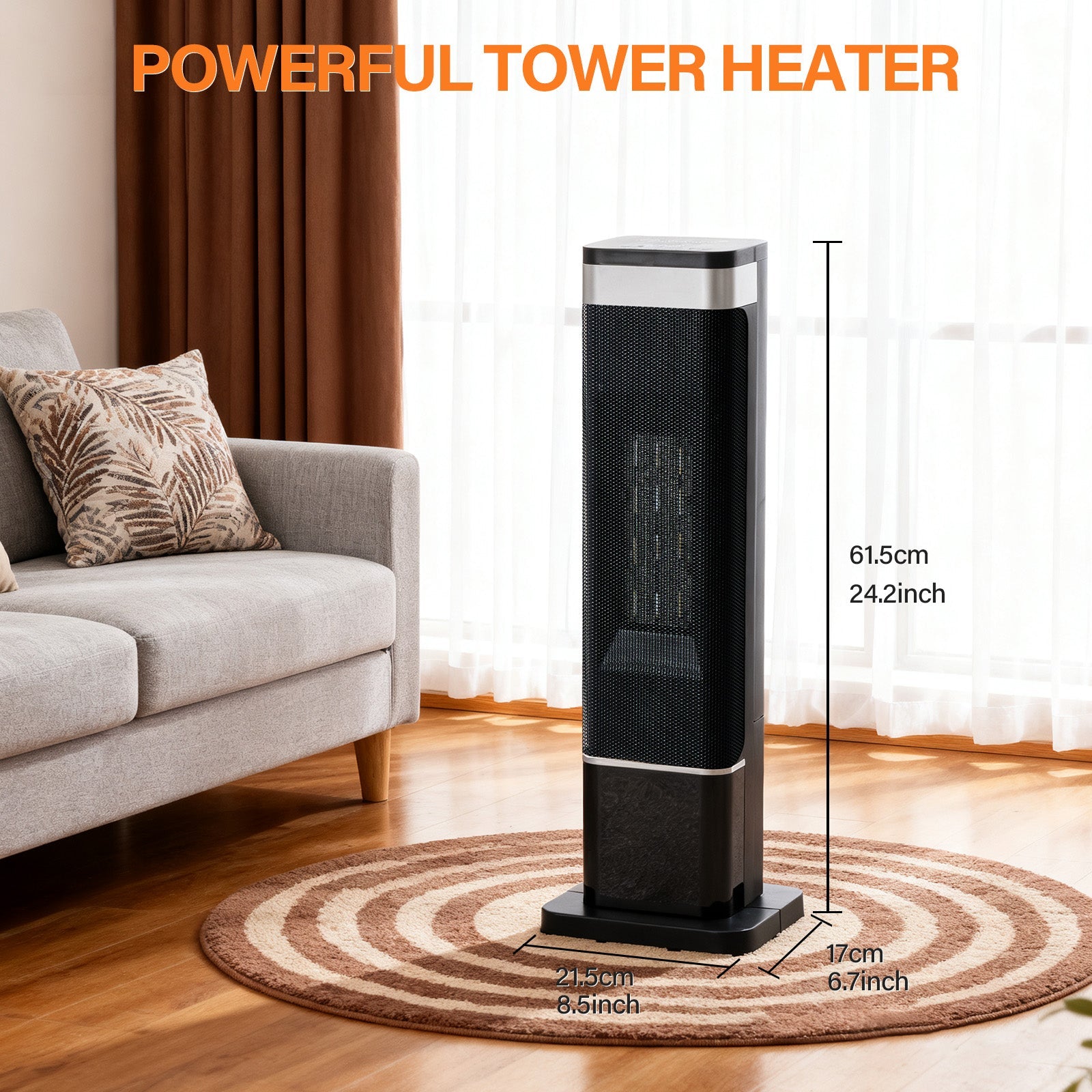 OmniRide Portable Space Heater for Indoor Use, 60°Oscillating Tower Heater with Thermostat, 12H Timer and Remote Control, 24 Inches, 1500W, Up to 99°F, Black