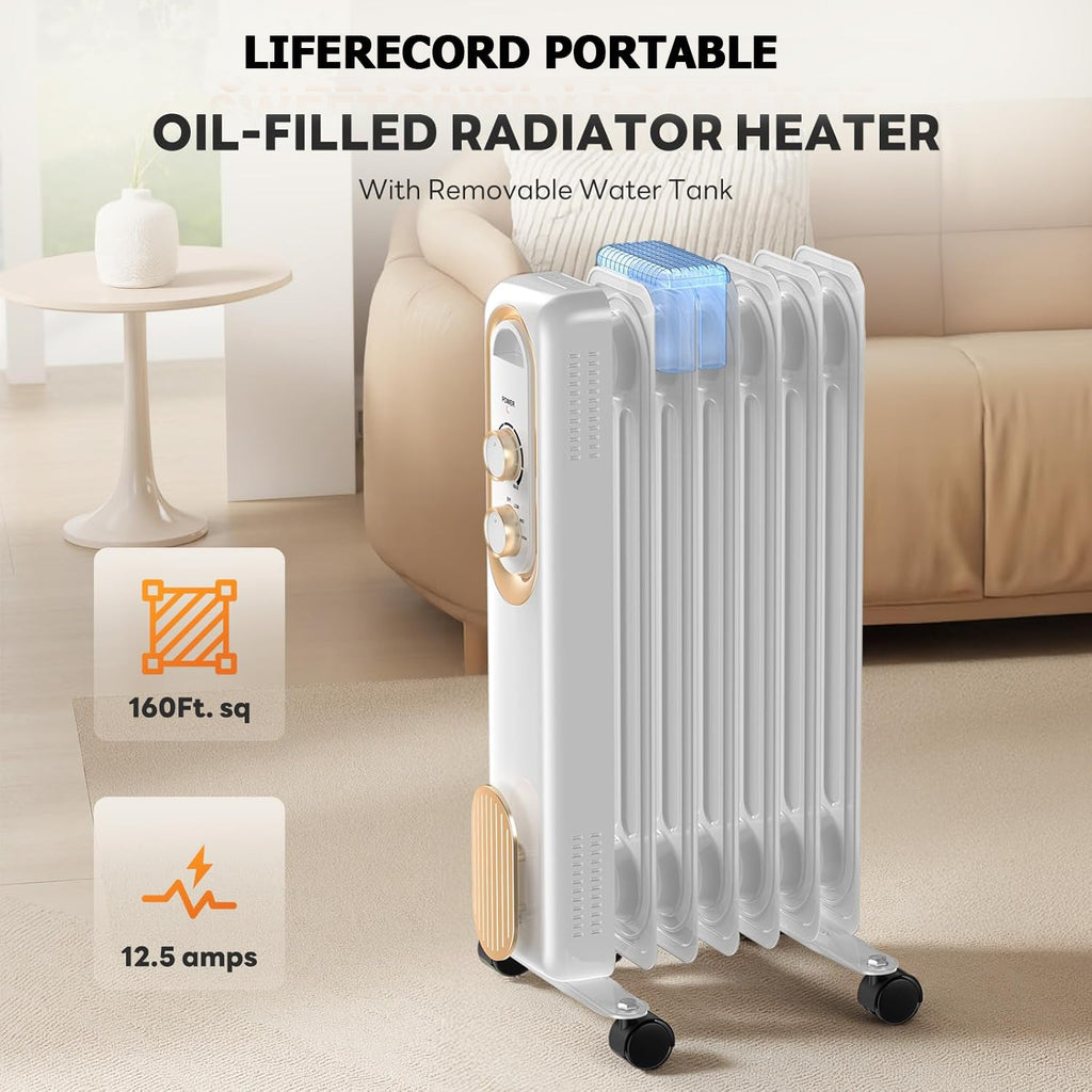 OmniRide Oil Filled Radiator, Electric Radiant Heaters for indoor use, Safe Lock, , Overheat & Tip-Over Protection, Adjustable Thermostat, Quiet, 1500W, 26" White