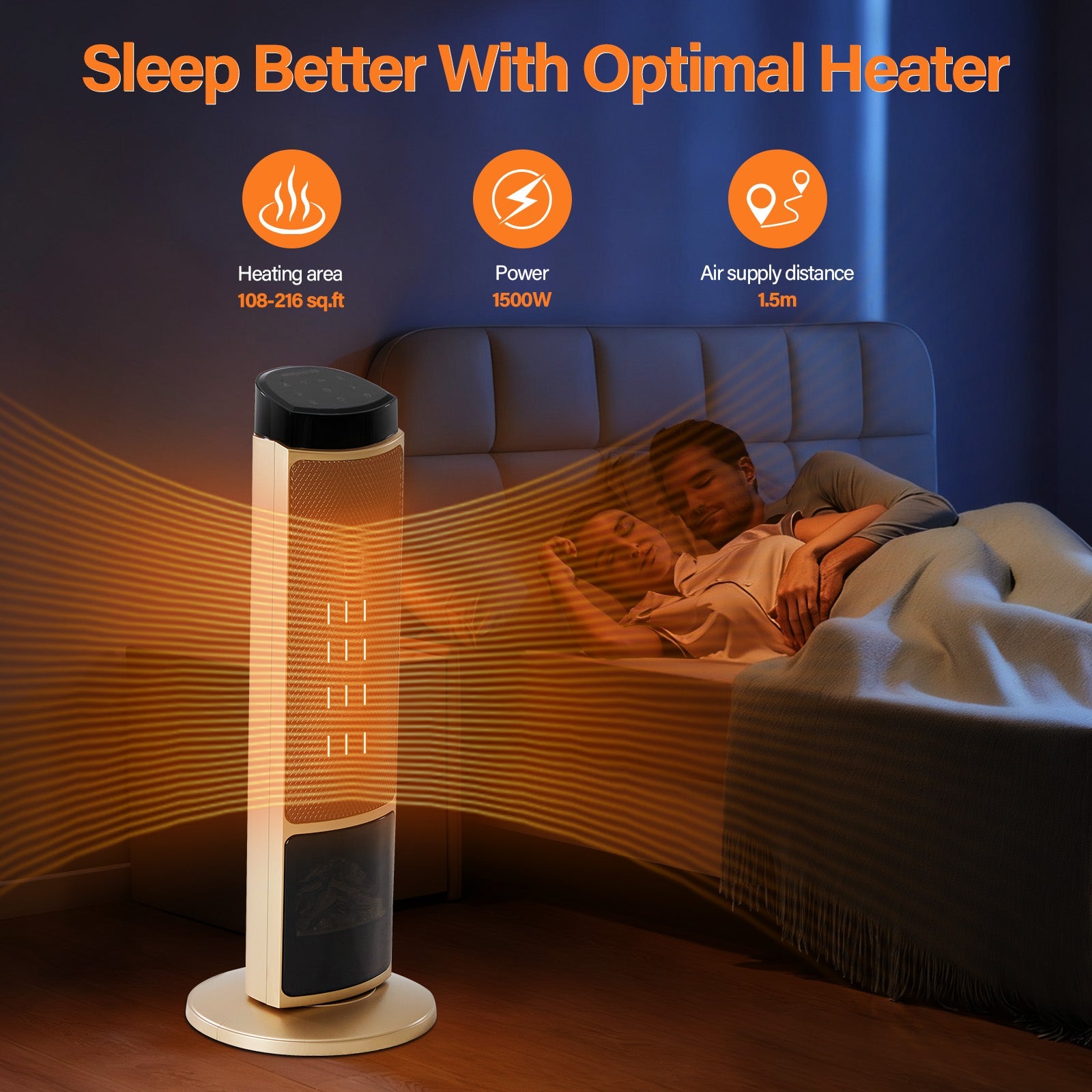 OmniRide Oscillating Space Heater with Remote, 70° Wide-Angle Heating, Quiet Portable Indoor Heater with Tip-Over Protection for Office & Home, Gold