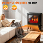 OmniRide19" Freestanding Electric Fireplace Heater - Adjustable Realistic 3D Flame, 2 Heat Settings, Double Door, Overheat Protection, Easy Control for Bedroom & Living Room