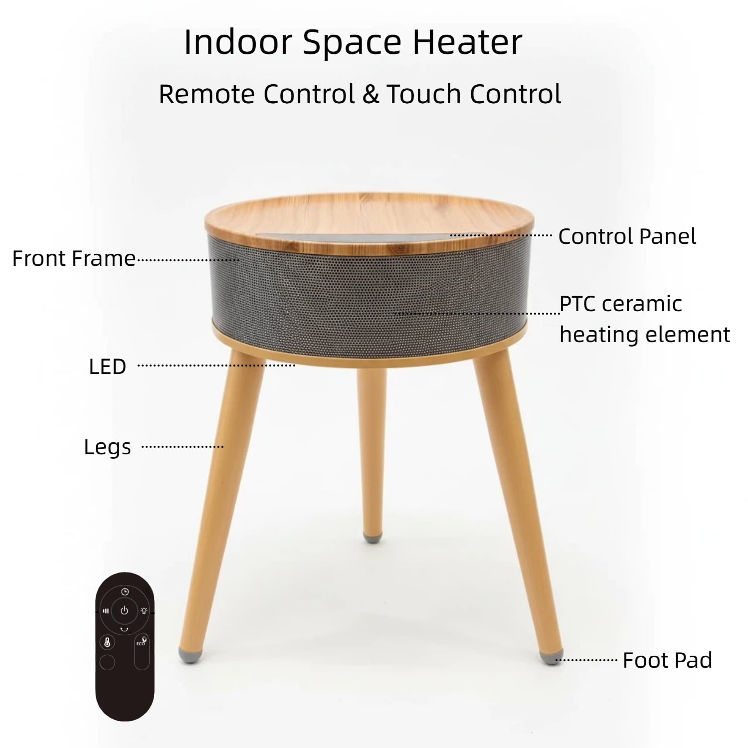 OmniRide Space Heater with Side Table, Ceramic 2-in-1 Indoor Heater with Remote, 1500W, Overheat & Tip-Over Protection, 1-12H Timer, LED Light for Home Office Bedroom Use, 23.6 Inch