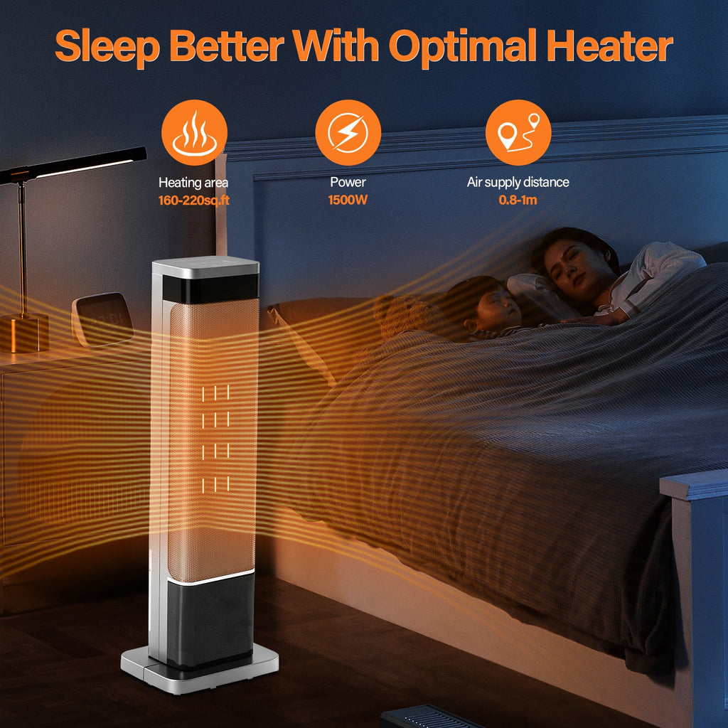OmniRide Portable Space Heater for Indoor Use, 60°Oscillating Tower Heater with Thermostat, 12H Timer and Remote Control, 24 Inches, 1500W, Up to 99°F, Silver