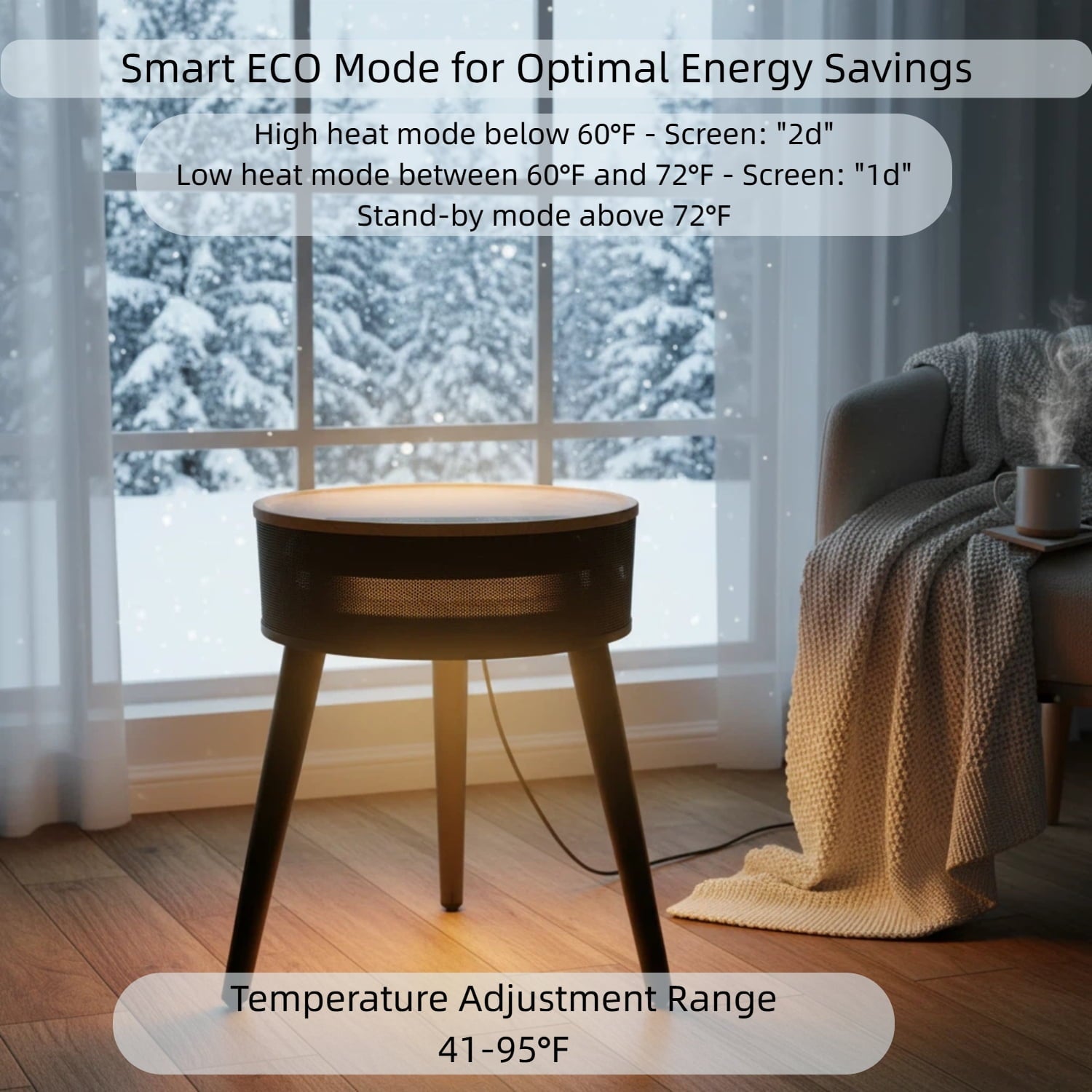 OmniRide Space Heater with Side Table, Ceramic 2-in-1 Indoor Heater with Remote, 1500W, Overheat & Tip-Over Protection, 1-12H Timer, LED Light for Home Office Bedroom Use, 23.6 Inch