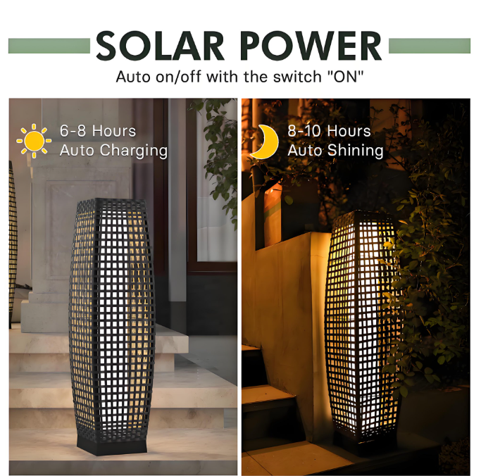 OmniRide Solar Powered Outdoor Floor Lamp - Waterproof Wicker Deck Lighting for Patio Garden Porch, Automatic Weather Resistant Solar Lantern, Easy Use No Wiring Needed