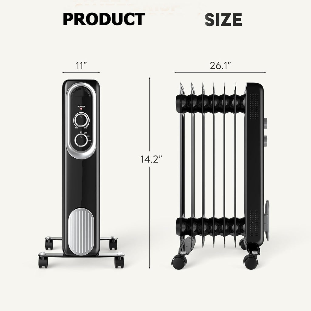 OmniRide Oil Filled Radiator, Electric Radiant Heaters for indoor use, Safe Lock, , Overheat & Tip-Over Protection, Adjustable Thermostat, Quiet, 1500W, 26" Black