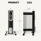 OmniRide Oil Filled Radiator, Electric Radiant Heaters for indoor use, Safe Lock, , Overheat & Tip-Over Protection, Adjustable Thermostat, Quiet, 1500W, 26" Black
