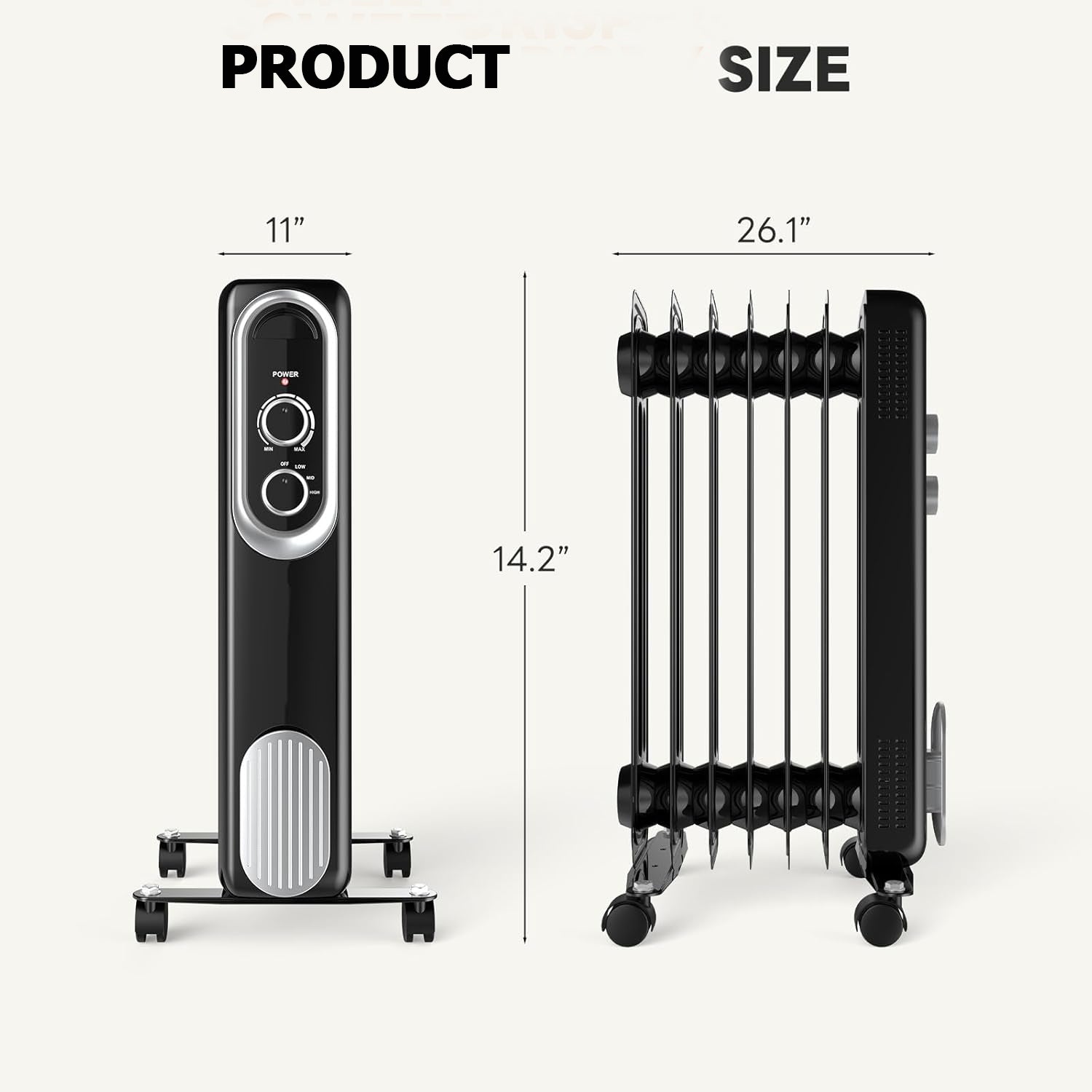 OmniRide Oil Filled Radiator, Electric Radiant Heaters for indoor use, Safe Lock, , Overheat & Tip-Over Protection, Adjustable Thermostat, Quiet, 1500W, 26" Black