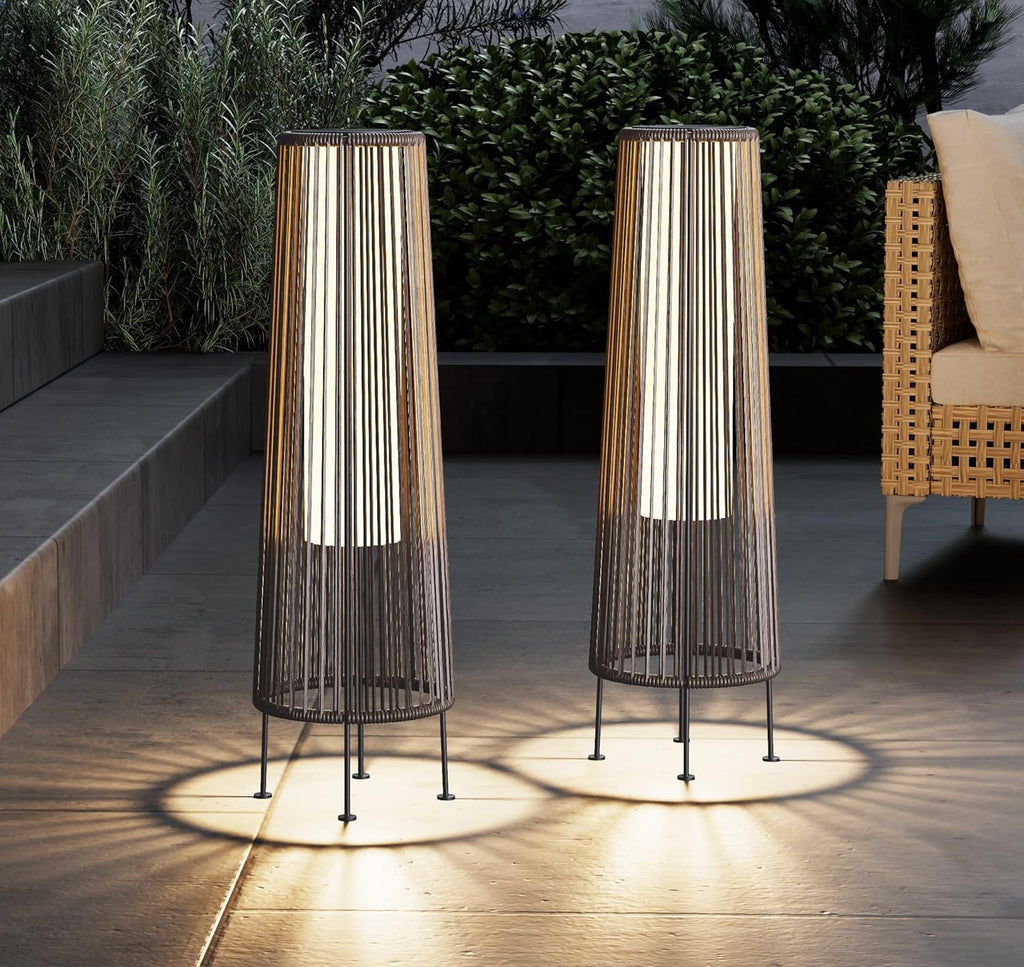 OmniRide Outdoor Floor Lamp 2-Pack, All-Weather Wicker Outdoor Solar Floor Lights, Waterproof, Light Brown