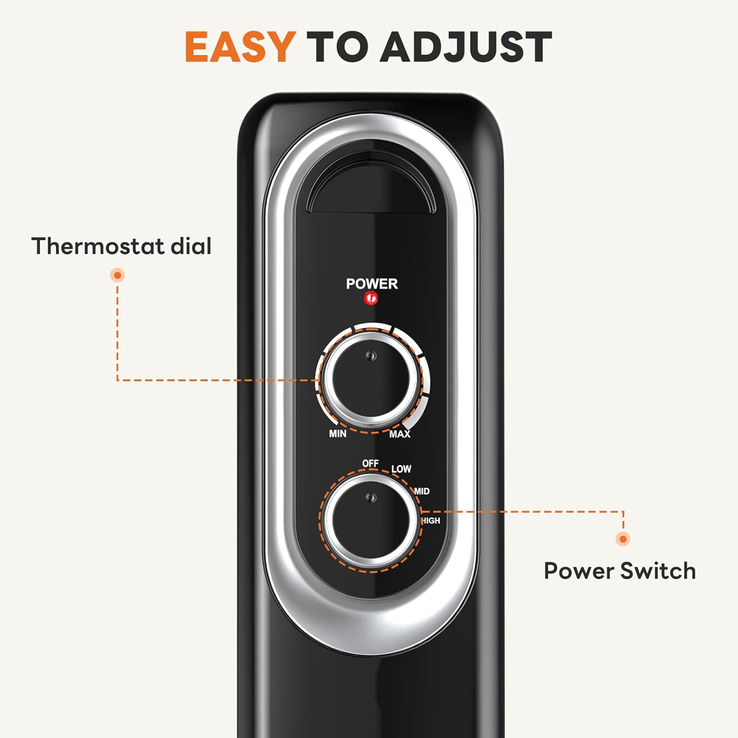 OmniRide Oil Filled Radiator, Electric Radiant Heaters for indoor use, Safe Lock, , Overheat & Tip-Over Protection, Adjustable Thermostat, Quiet, 1500W, 26" Black