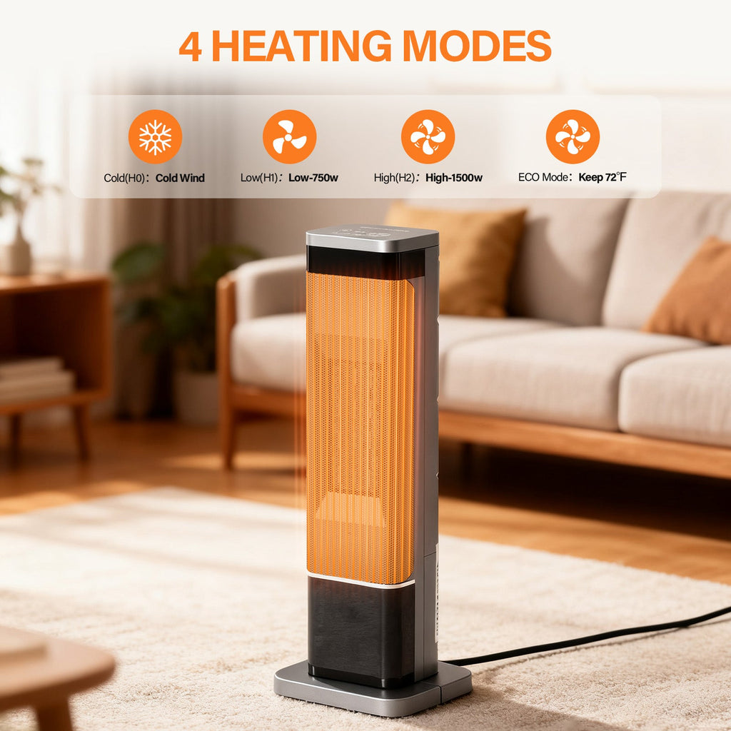 OmniRide Portable Space Heater for Indoor Use, 60°Oscillating Tower Heater with Thermostat, 12H Timer and Remote Control, 24 Inches, 1500W, Up to 99°F, Silver