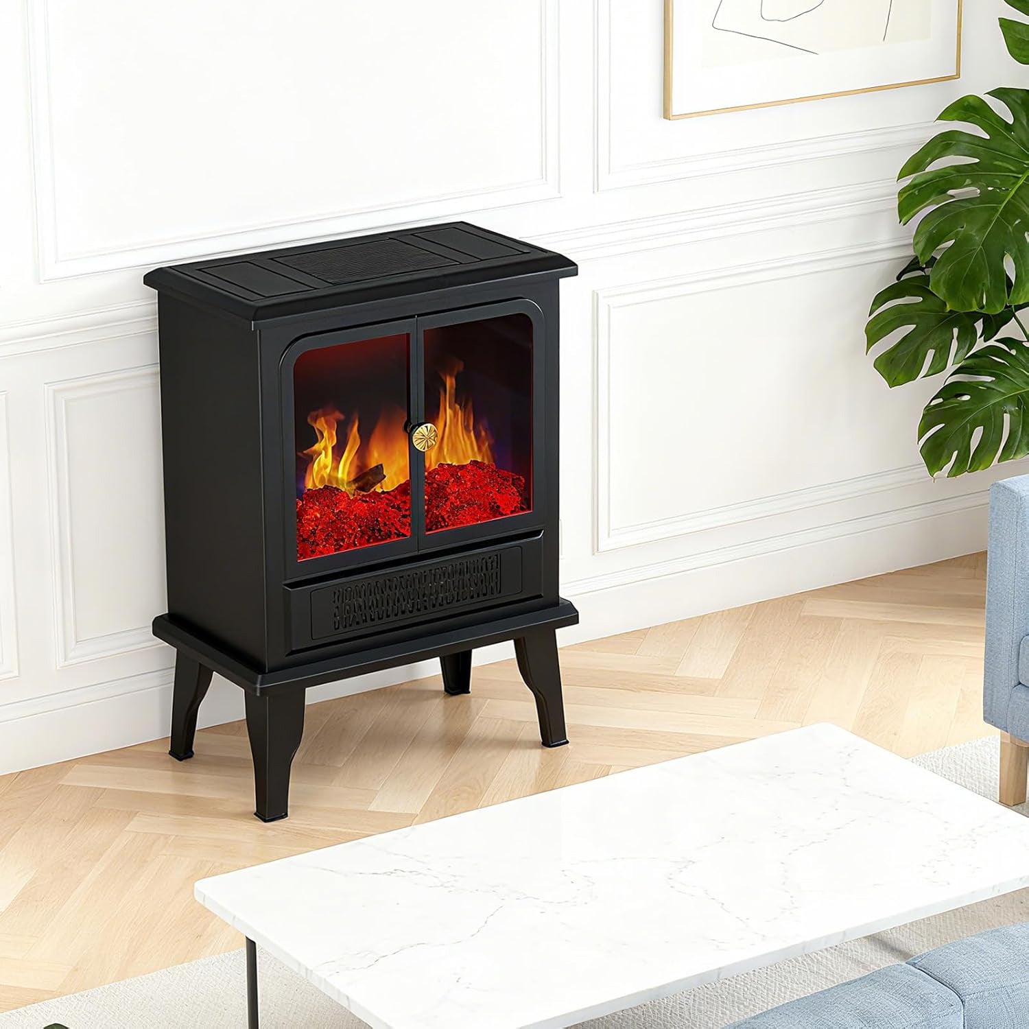 OmniRide19" Freestanding Electric Fireplace Heater - Adjustable Realistic 3D Flame, 2 Heat Settings, Double Door, Overheat Protection, Easy Control for Bedroom & Living Room