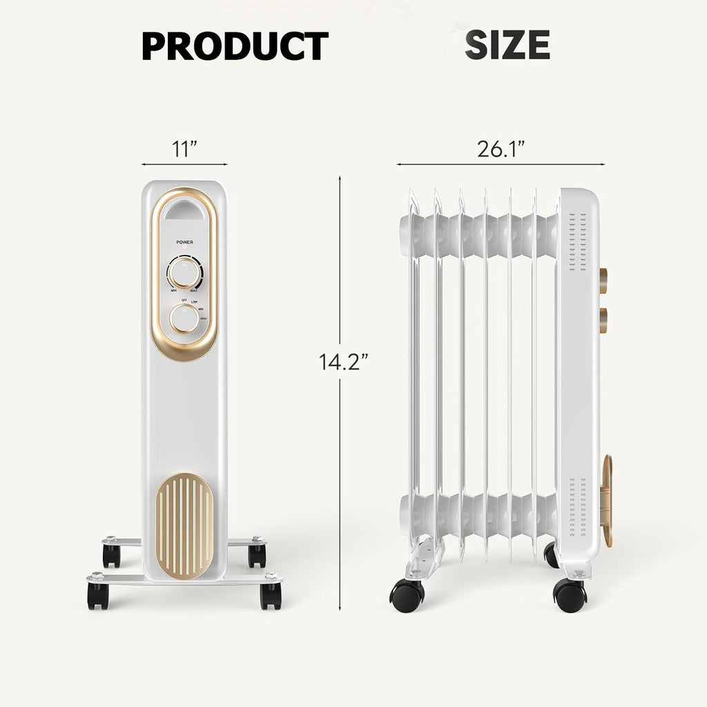 OmniRide Oil Filled Radiator, Electric Radiant Heaters for indoor use, Safe Lock, , Overheat & Tip-Over Protection, Adjustable Thermostat, Quiet, 1500W, 26" White