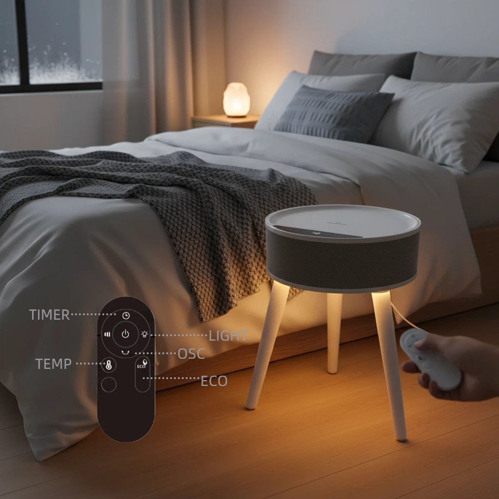 OmniRide Space Heater with Side Table, Ceramic 2-in-1 Indoor Heater with Remote, 1500W, Overheat & Tip-Over Protection, 1-12H Timer, LED Light for Home Office Bedroom Use, 23.6 Inch