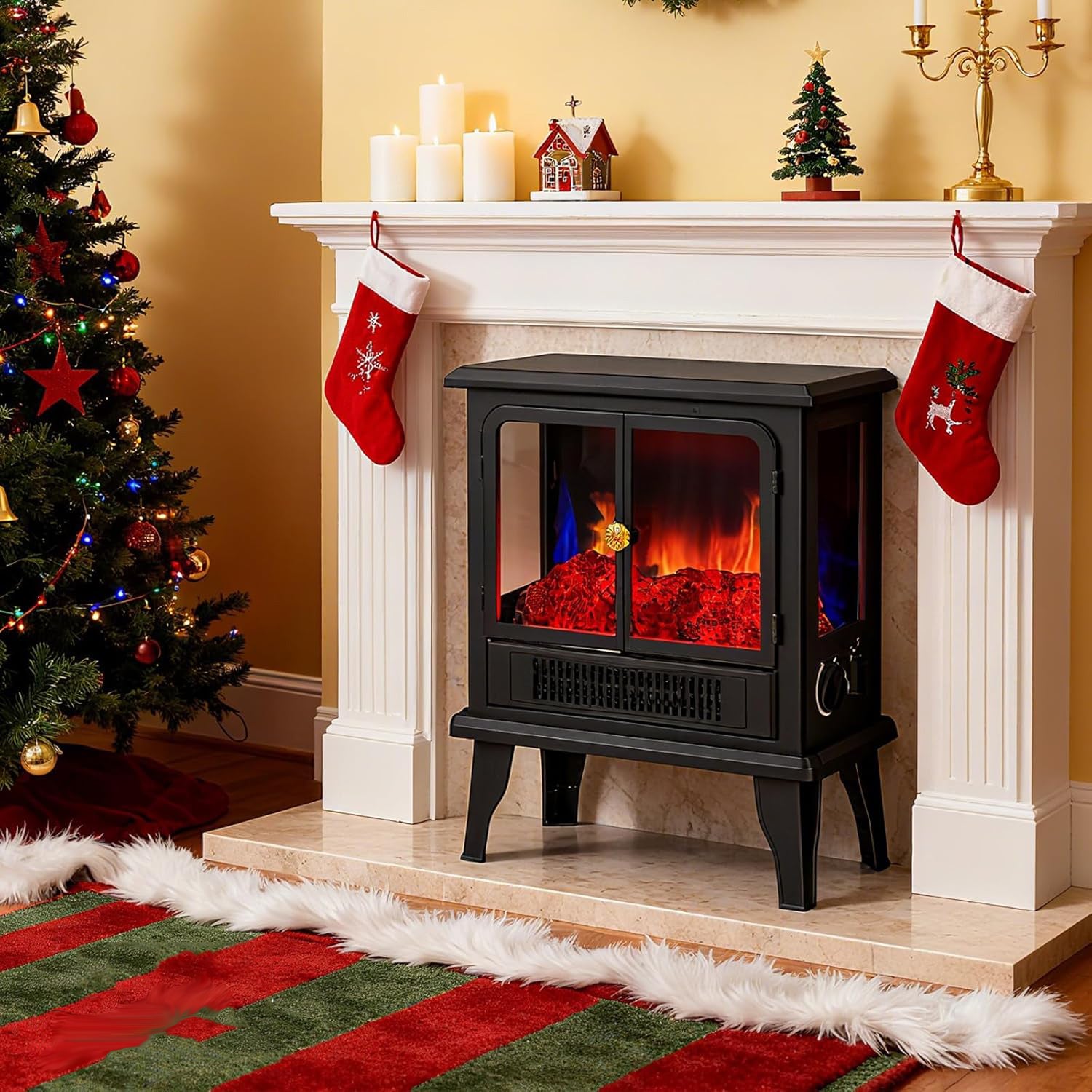 OmniRide19" Freestanding Electric Fireplace Heater - Adjustable Realistic 3D Flame, 2 Heat Settings, Double Door, Overheat Protection, Easy Control for Bedroom & Living Room