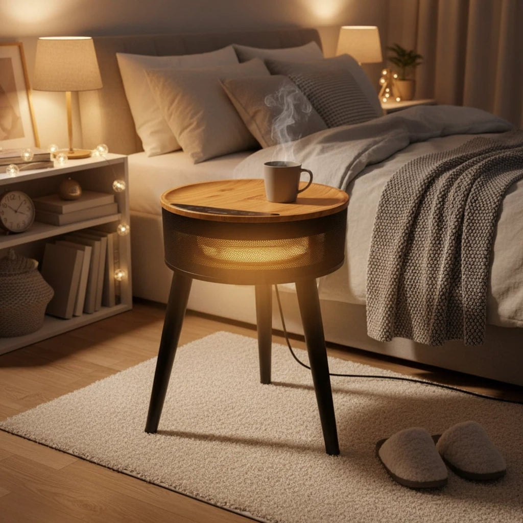 OmniRide Space Heater with Side Table, Ceramic 2-in-1 Indoor Heater with Remote, 1500W, Overheat & Tip-Over Protection, 1-12H Timer, LED Light for Home Office Bedroom Use, 23.6 Inch