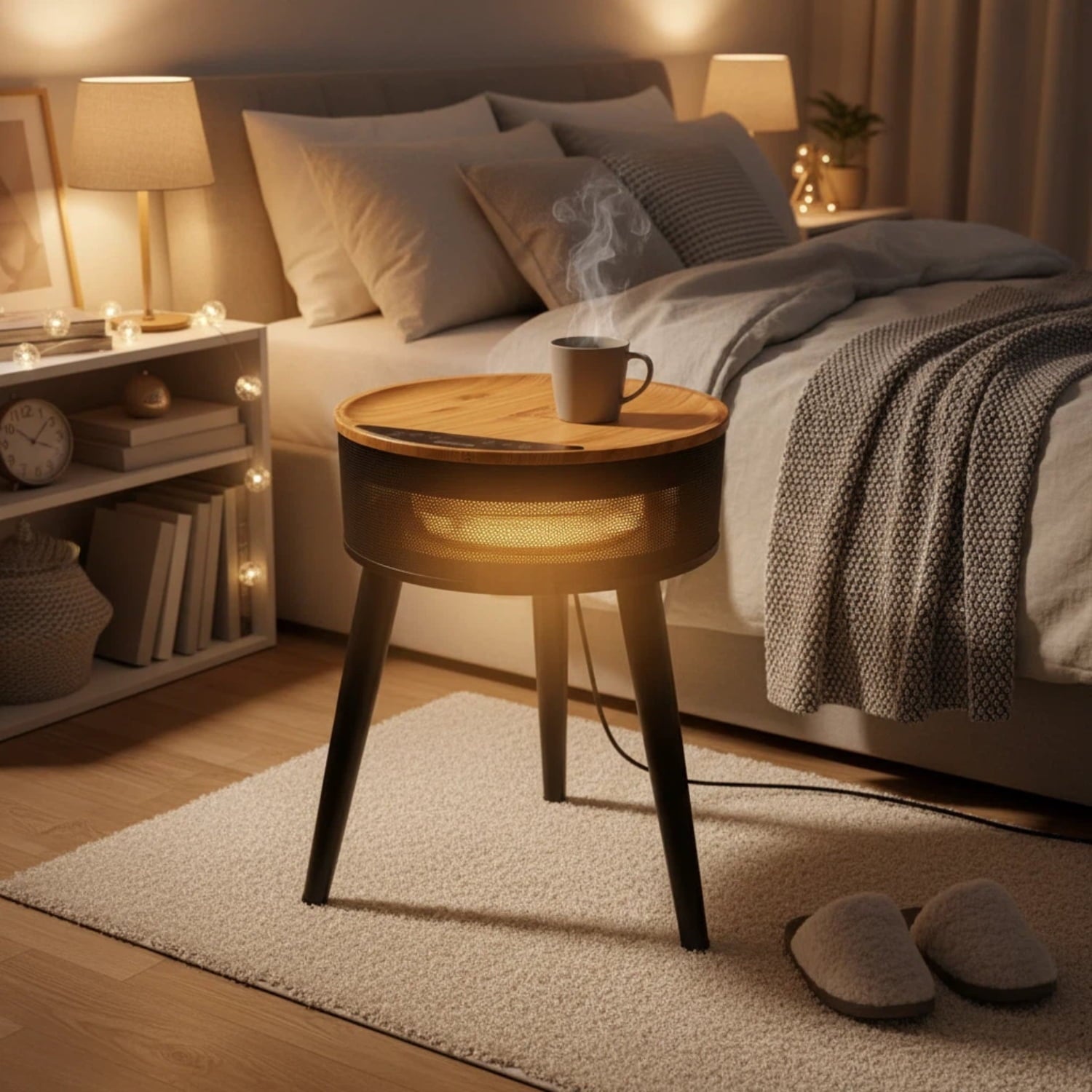 OmniRide Space Heater with Side Table, Ceramic 2-in-1 Indoor Heater with Remote, 1500W, Overheat & Tip-Over Protection, 1-12H Timer, LED Light for Home Office Bedroom Use, 23.6 Inch