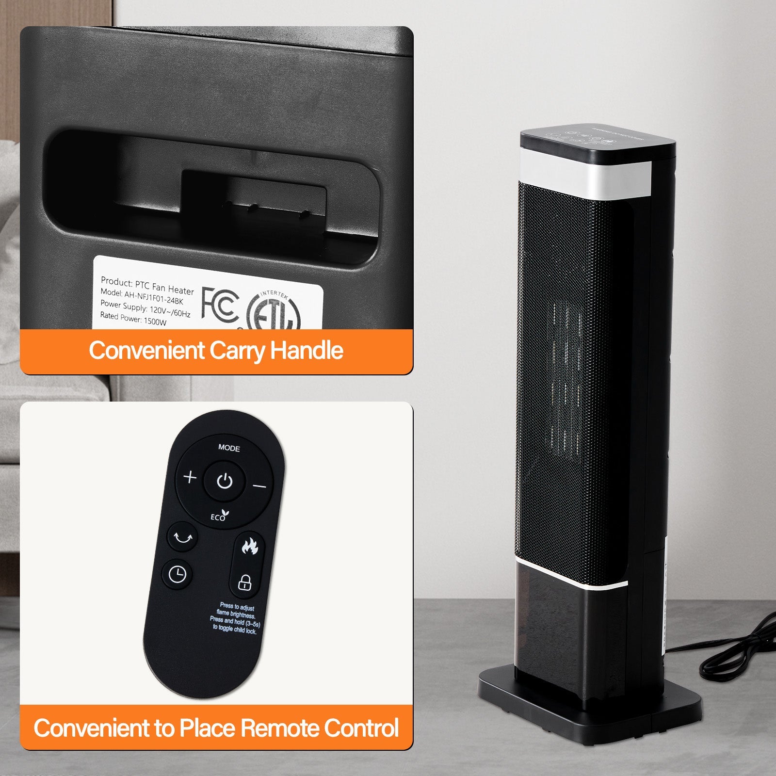 OmniRide Portable Space Heater for Indoor Use, 60°Oscillating Tower Heater with Thermostat, 12H Timer and Remote Control, 24 Inches, 1500W, Up to 99°F, Black