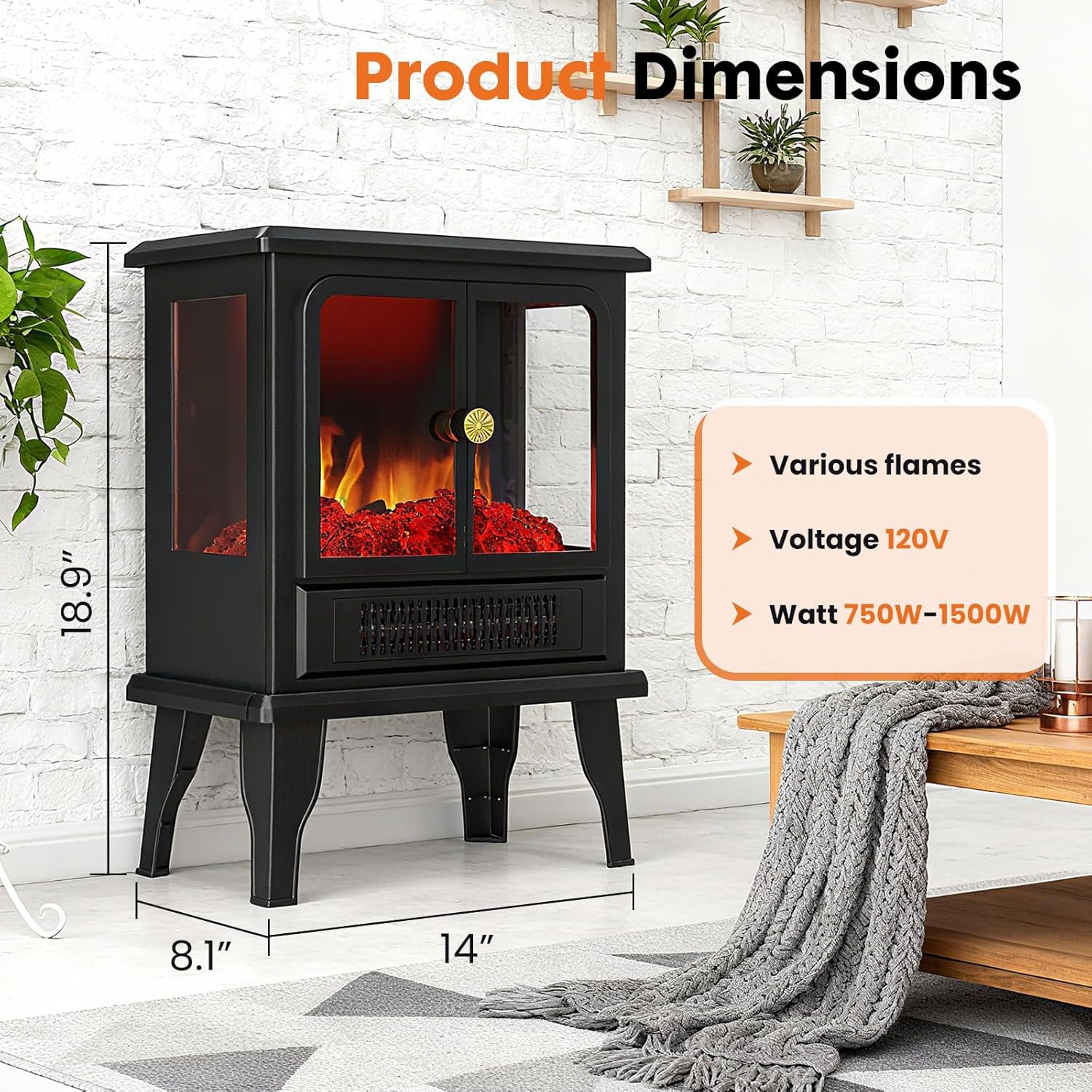 OmniRide19" Freestanding Electric Fireplace Heater - Adjustable Realistic 3D Flame, 2 Heat Settings, Double Door, Overheat Protection, Easy Control for Bedroom & Living Room