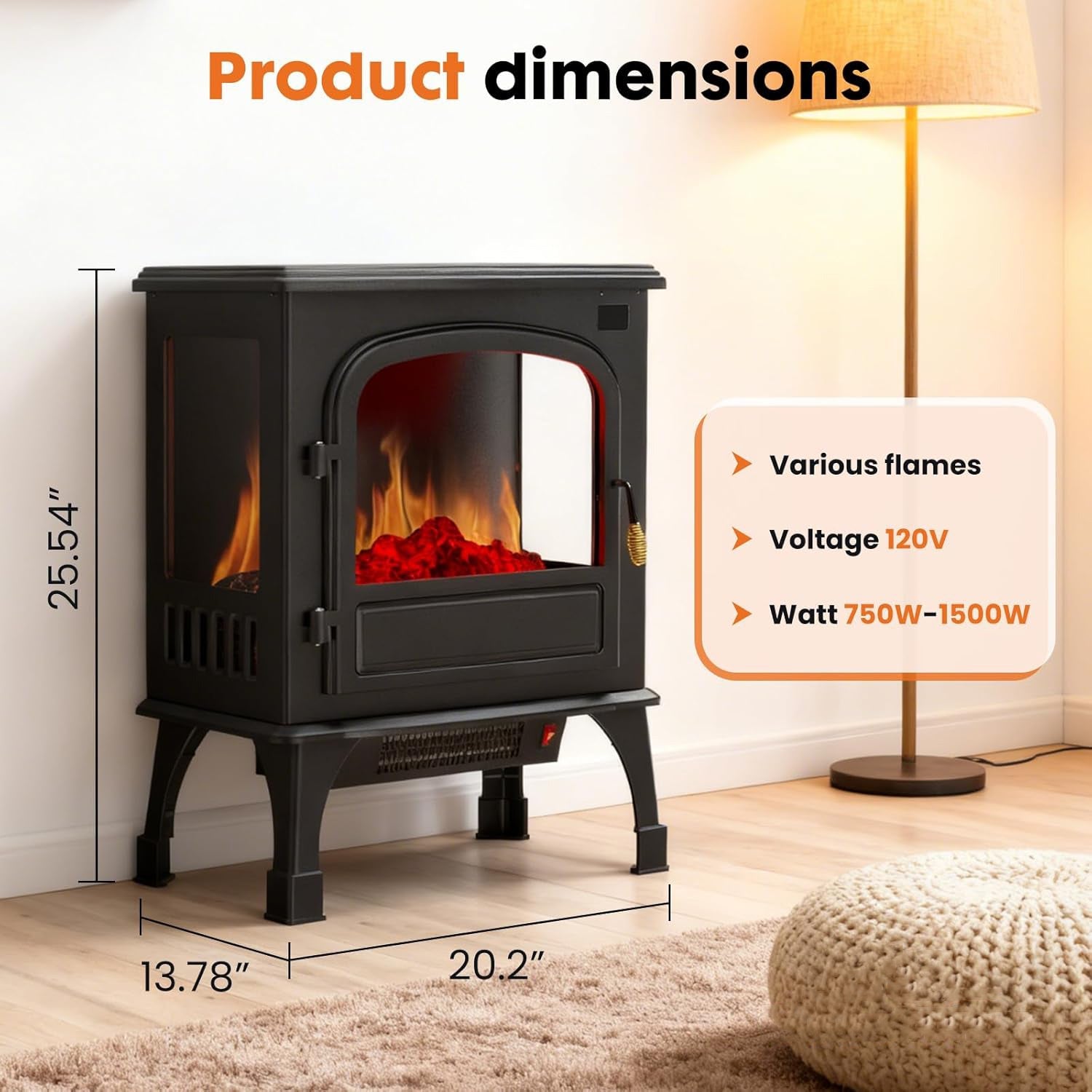 OmniRide 26" Freestanding Electric Fireplace with 3D Flame Effect - Remote Control, 12H Timer, 1500W Heater, Single Door, Overheat Protection for Living Room & Bedroom