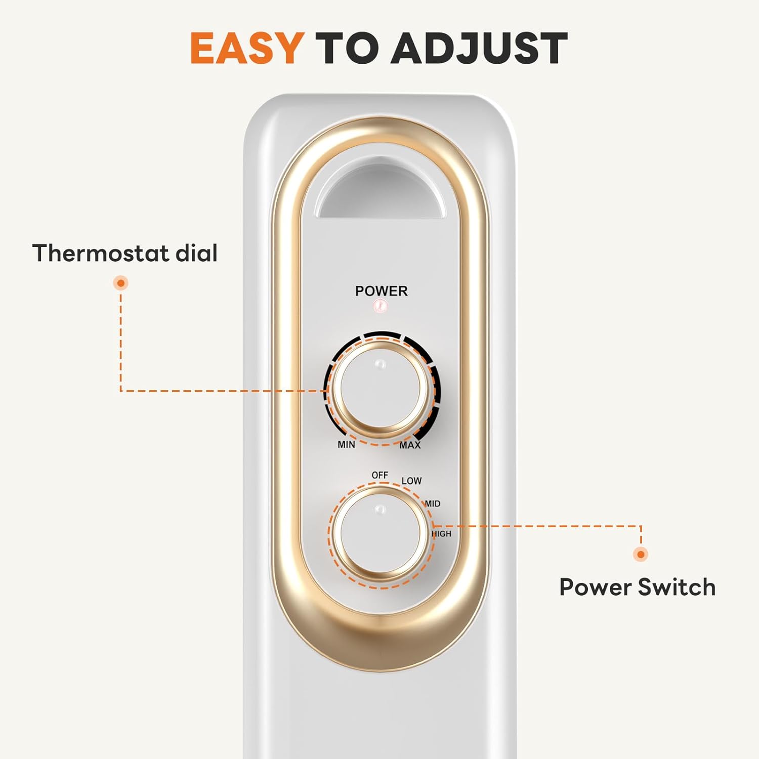 OmniRide Oil Filled Radiator, Electric Radiant Heaters for indoor use, Safe Lock, , Overheat & Tip-Over Protection, Adjustable Thermostat, Quiet, 1500W, 26" White