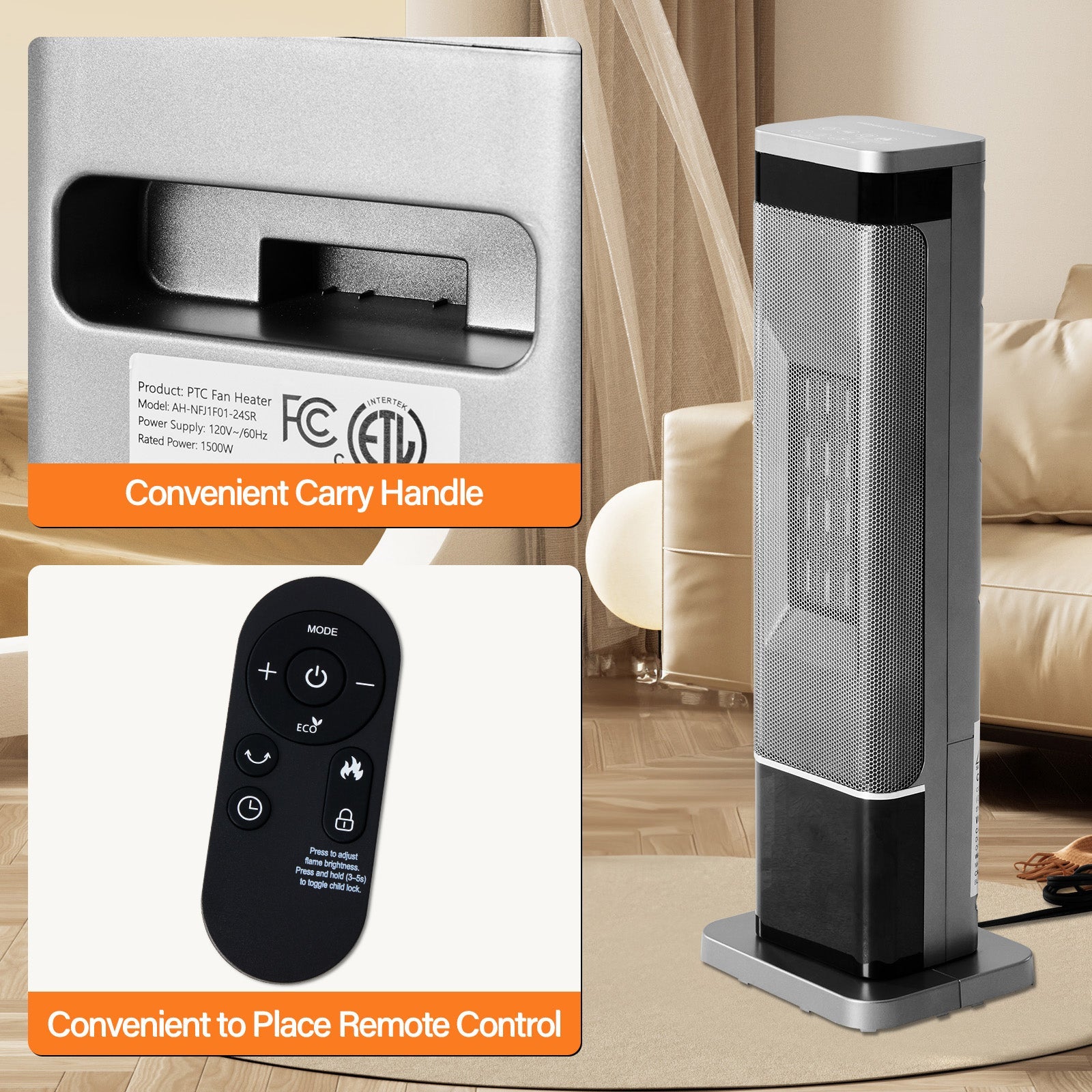 OmniRide Portable Space Heater for Indoor Use, 60°Oscillating Tower Heater with Thermostat, 12H Timer and Remote Control, 24 Inches, 1500W, Up to 99°F, Silver