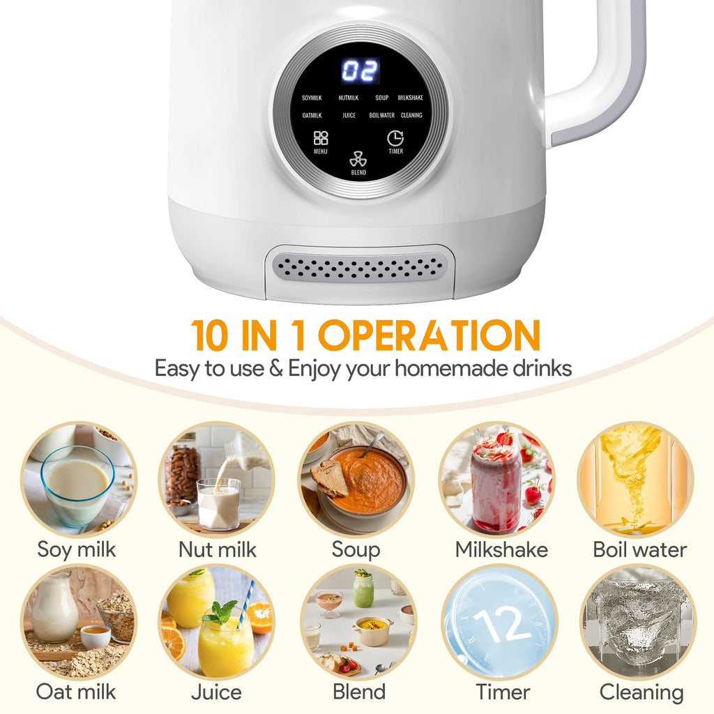 10-in-1 Nut Milk Maker, 40oz Blender Homemade Almond, Oat, Soy, Coconut Milk, Juice & Soup, Electric Bean Milk Machine with Delay Start/Auto-Clean/Boil Water/Keep Warm