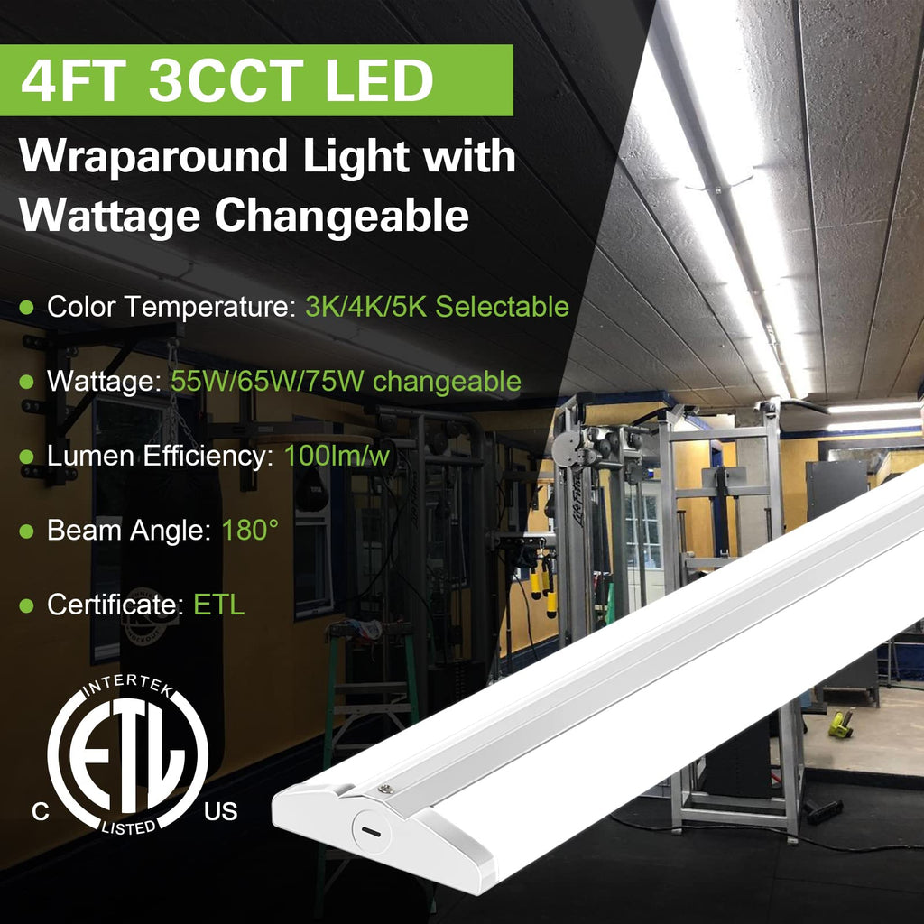 Ceiling Lights 4FT Ultra Slim LED Wraparound Light with 3 Wattages/3 Lumens/3 CCT Selectable,55W/65W/75W,5500lm/6500lm/7500lm,3000K/4000K/5000K 4 Foot Flush Mount Ceiling Light for Office Kitchen,ETL,4 Pack