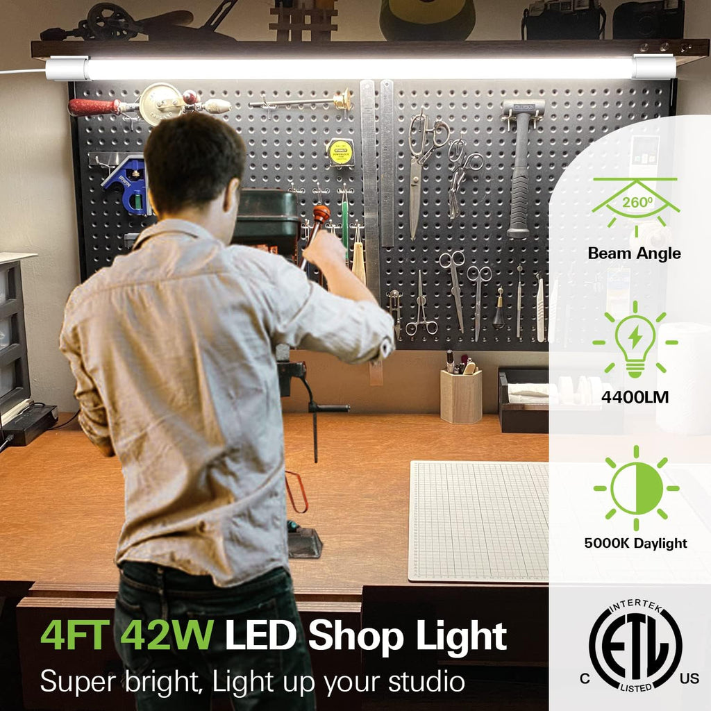 LED lamp with Power Cord and On/Off Switch 4 Pack 4FT LED Shop Light Linkable, 4400lm, 42w(250w Equivalent), 5000K Utility Shop Lights, Hanging or Flush Mount